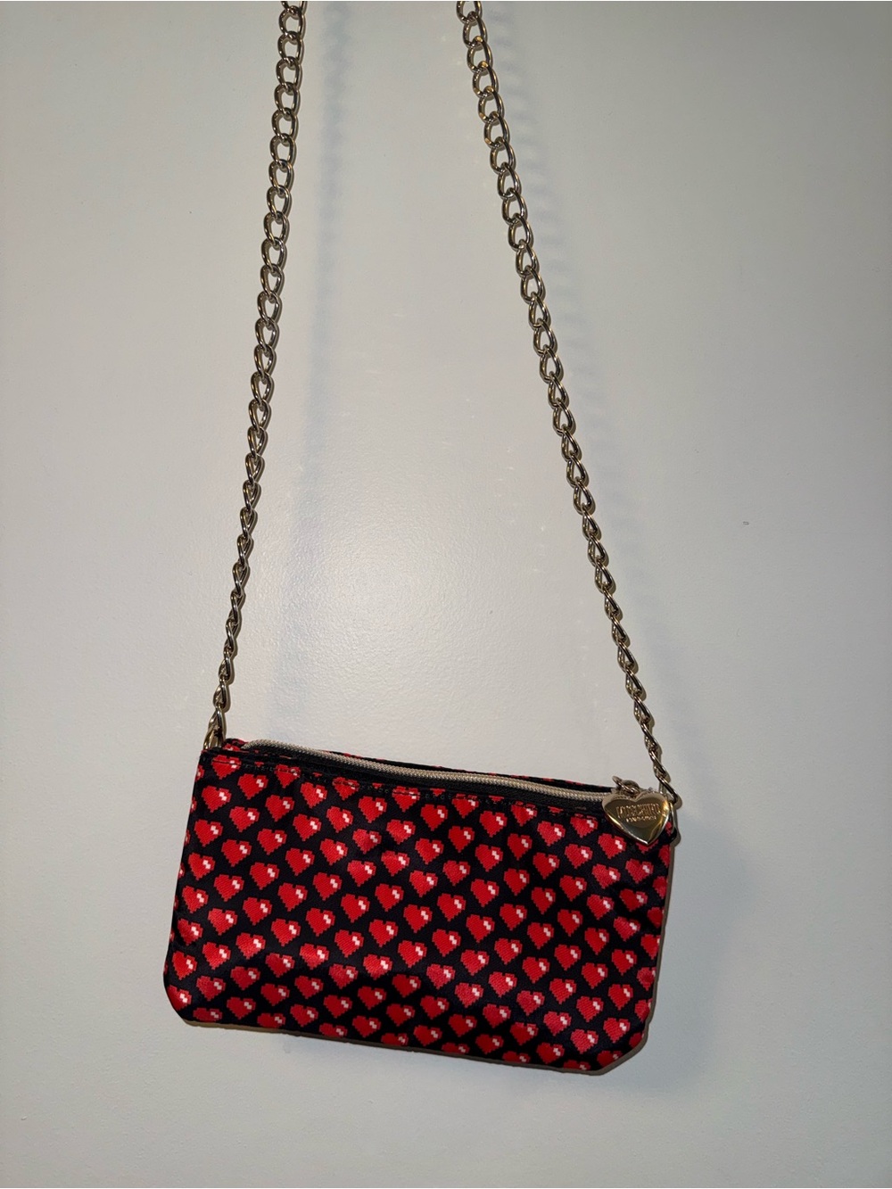Moschino Black Crossbody with Red Heart Print and Gold Chain